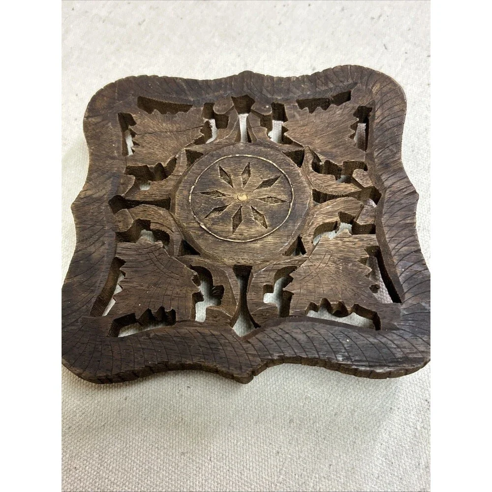 Vintage Hand Carved Wooden Trivet W/ Intricate Cutout Design Floral Centerpiece